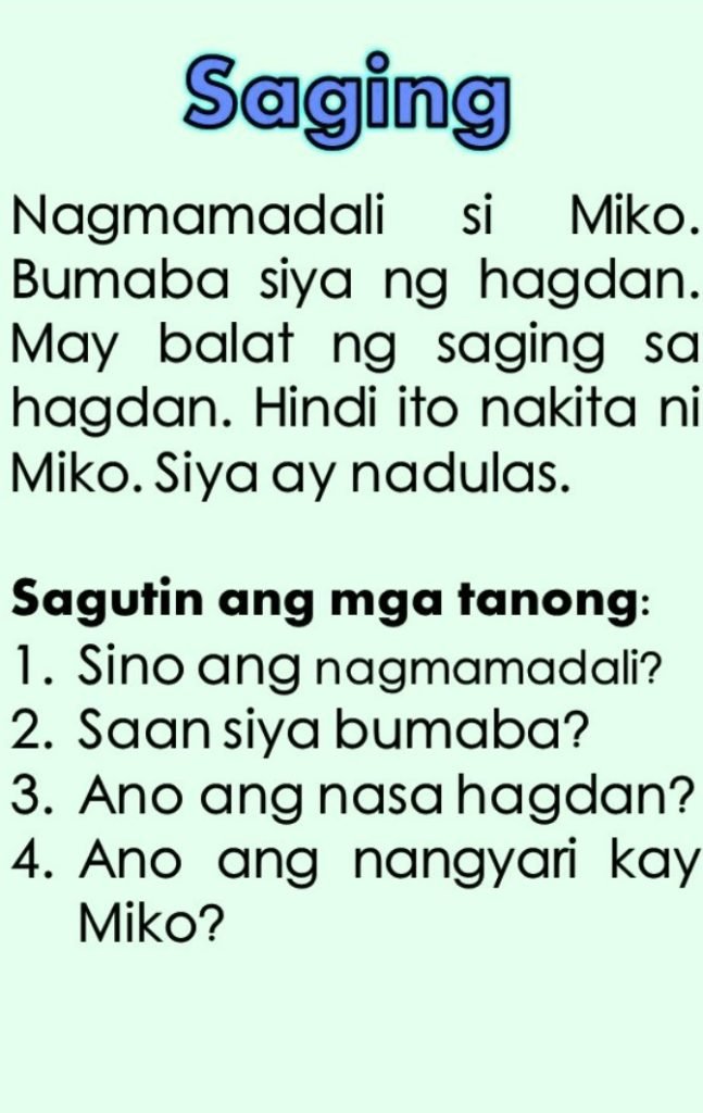 tagalog reading for grade 1 with questions