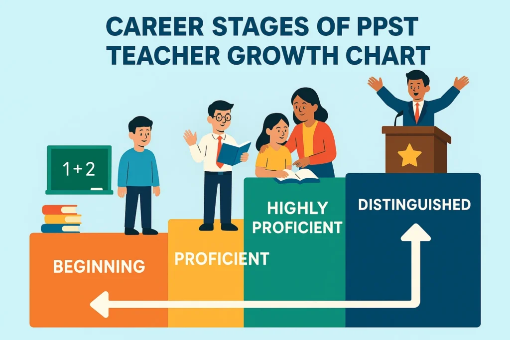 Four stages of PPST showing teacher career journey from beginning to distinguished