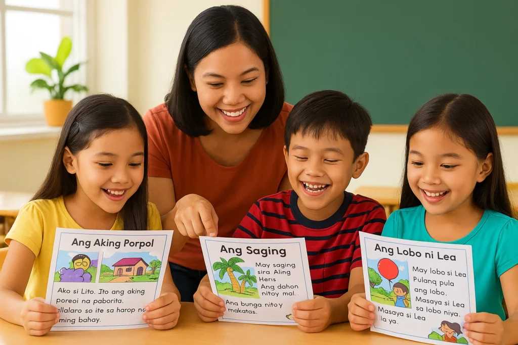 Filipino teacher guiding students using printable Tagalog reading materials