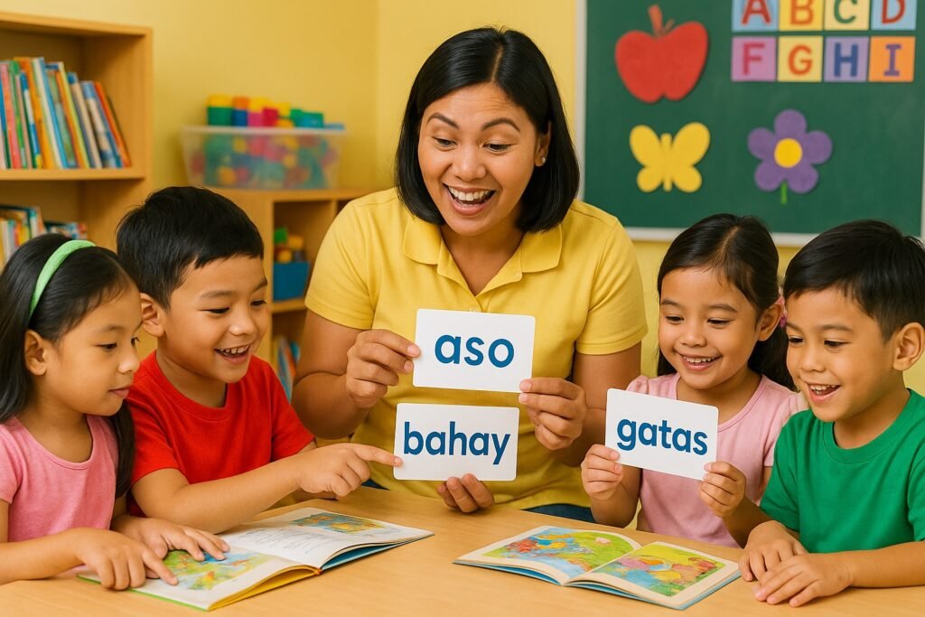 Kindergarten students learning to read Tagalog words with their teacher