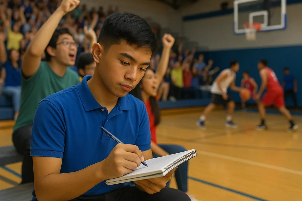 Filipino student writing a sports article about a basketball game