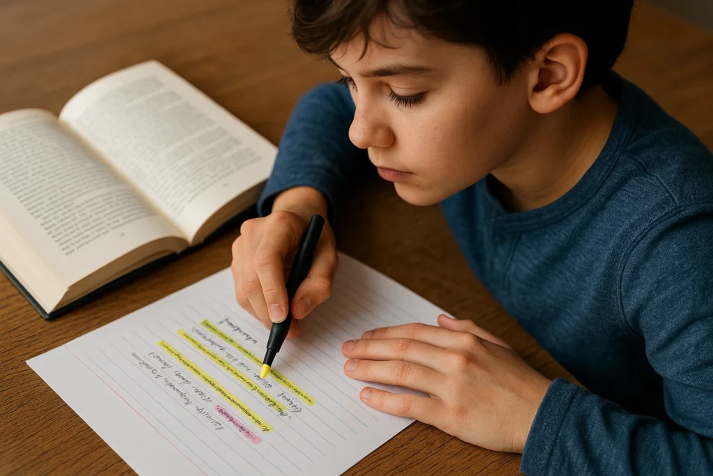 A student highlighting sentences while reading to carefully analyze each statement.