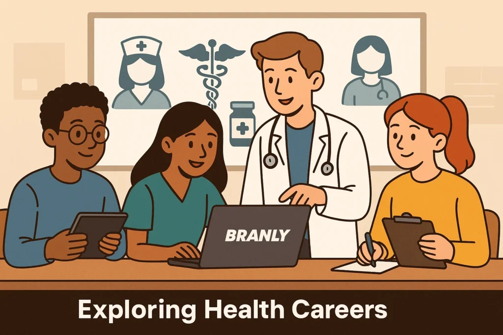 Students exploring different health careers like nursing, medicine, and therapy using Brainly for guidance.