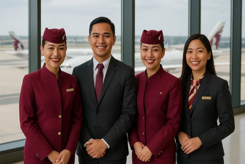 Filipino cabin crew at airport representing Qatar Airways careers in the Philippines