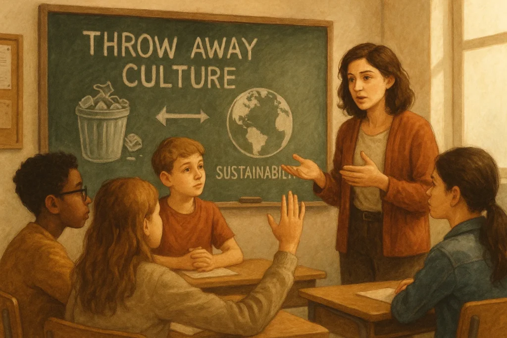 Students discussing throw away culture and sustainability in class