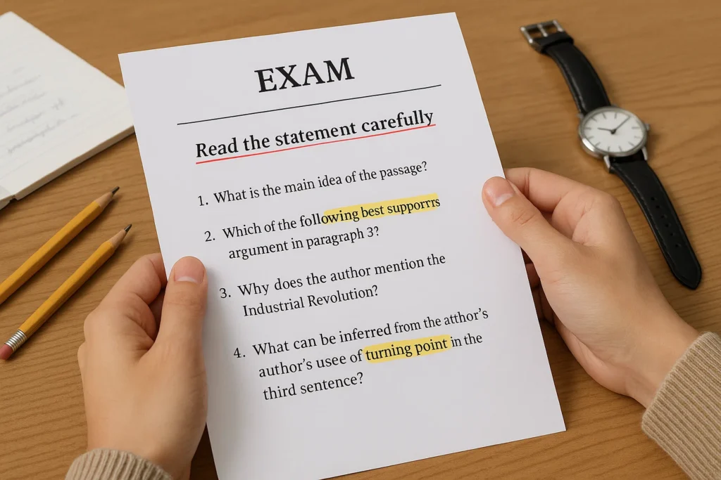 Close-up of exam sheet with “Read the statement carefully” underlined.