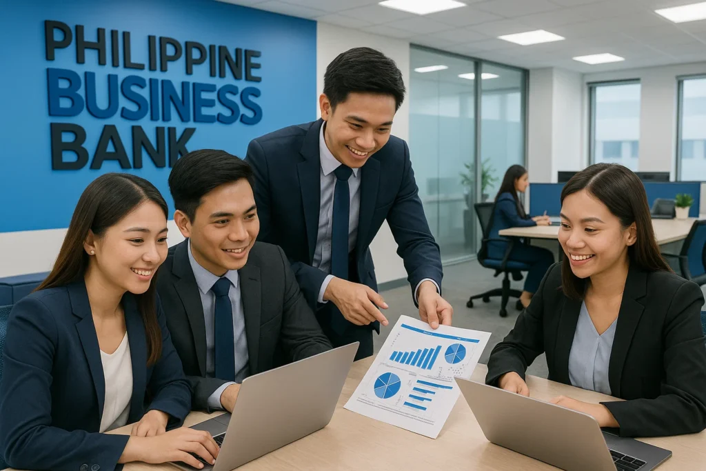 Professional office environment showcasing PBB employees collaborating on financial projects and discussing career growth.