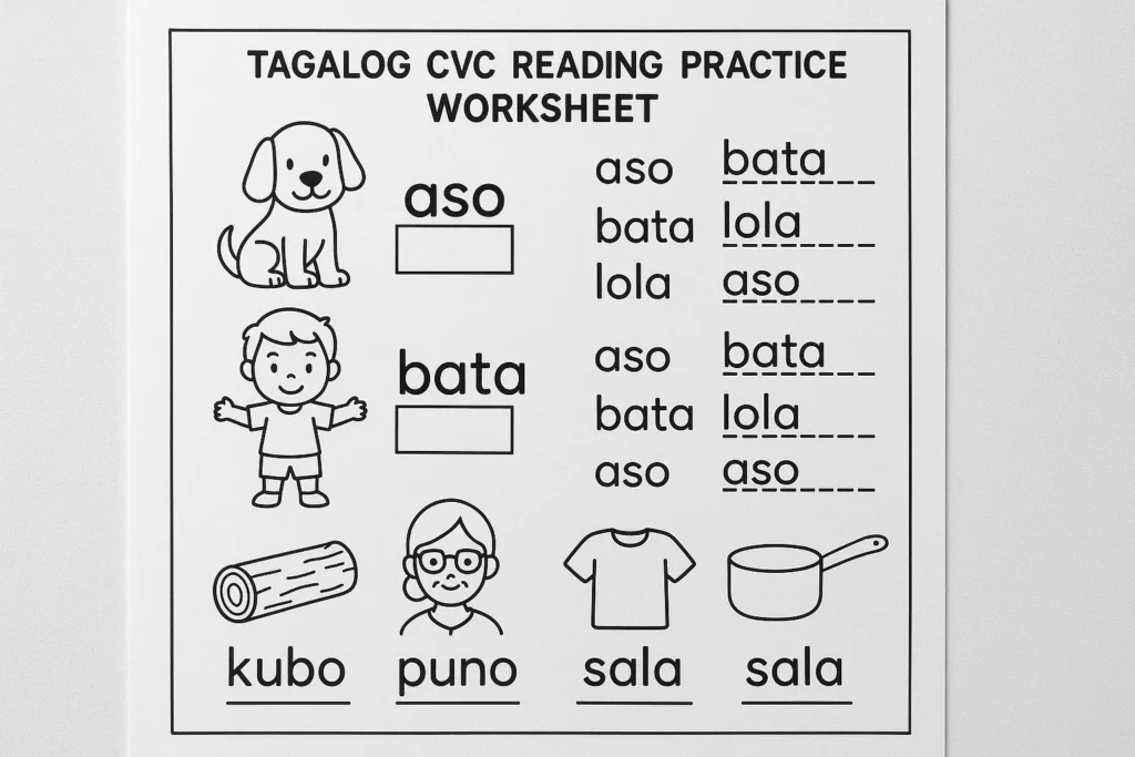 Printable Filipino CVC reading worksheet with simple Tagalog words