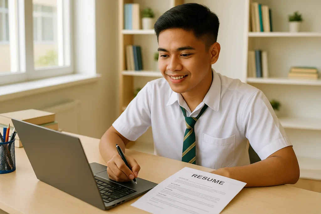 Filipino student writing a career objective for a resume during work immersion