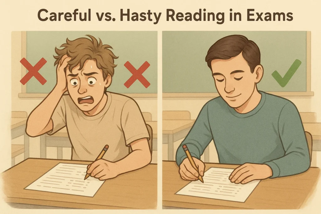Comparison of hasty reading versus careful reading in exams.
