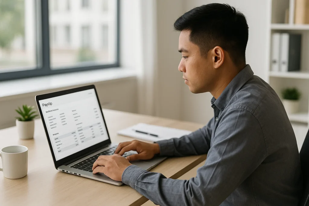 ESS Tru North 3001 payslip portal on laptop