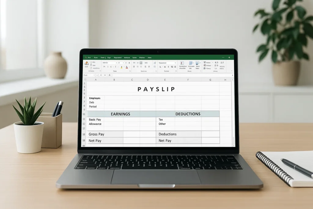 payslip format in excel on laptop screen